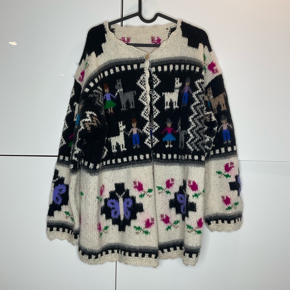 Hand knit pure wool folk style cardigan Peruvian Large Llama Butterfly - Picture 2 of 11